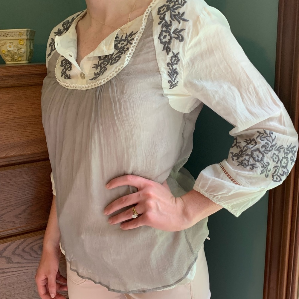 Women’s cotton & silk top with two layers and embroidery. Size S. EUC